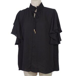 T Tahari Black Mock Neck Ruffle Sleeve High Neck Blouse Top Women Size L
